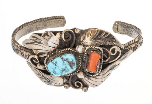 Navajo Silver, Coral, Turquoise Cuff Bracelet C. 1940, W 2.2'' 27g