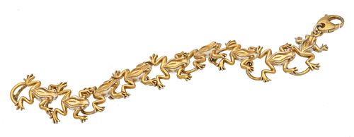 Gold Plate Silver Bracelet, 9 Frogs, Mexico L 7''