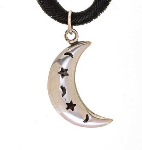 Sterling Silver Crescent Moon On Black Cord L 14''