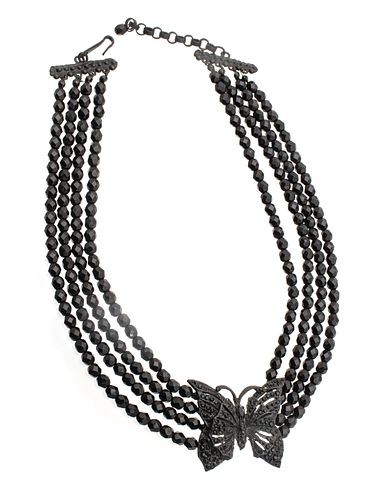 Black Crystal Bead Necklace With Butterfly L 14''