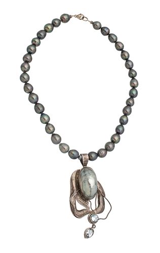 Art Nouveau Sterling Silver Bead Necklace, Blister Pearl And Blue Topaz L 16''