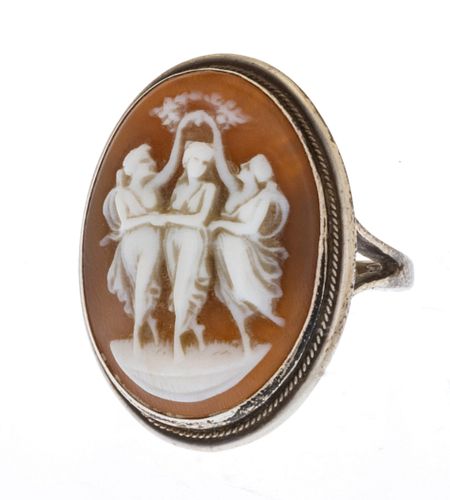 Cameo And Sterling Silver Ring, Three Graces Motif, Size 7