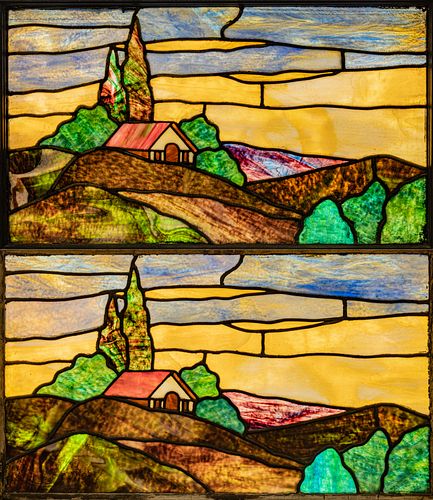 Arts And Crafts Style Stained Glass Windows,  Pair H 16", W 26.5" (Glass)