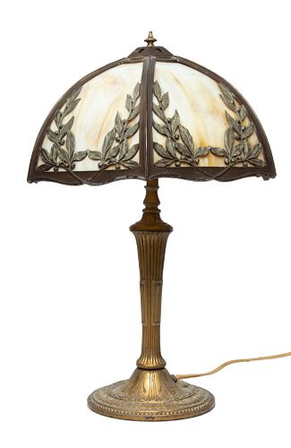 Miller Lamp Co. Carmel Glass Panel Table Lamp, C. 1910, H 23'' Dia. 14''
