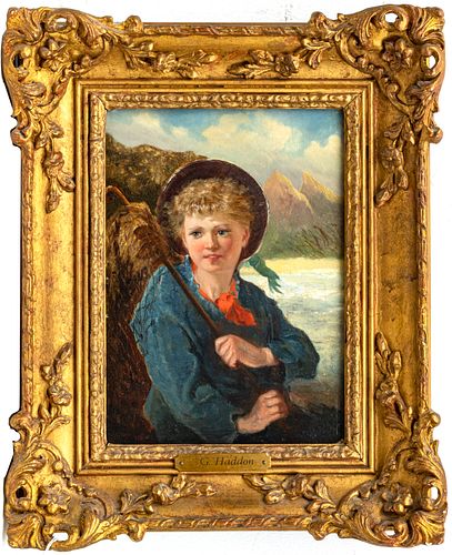 G. Haddon, Uk Oil On Canvas, 19Th.C. H 11" W 8" Fisherboy