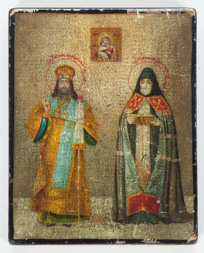 Old Russian Wood Icon Two Patriarchs  19th.c., H 3.5''