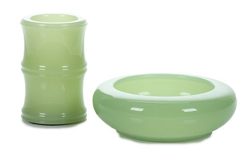 Chinese Jade Glass Bowl & Vase, H 2.75'' Dia. 7.5'' 2 pcs