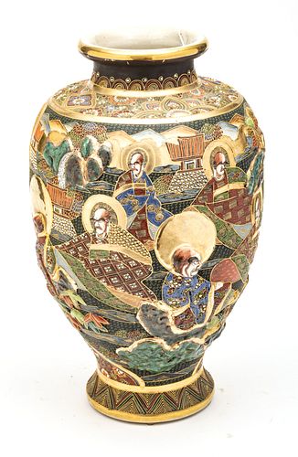 Japanese  Satsuma Moriage Pottery Vase, Gold Decoration, Signed C. 1900, H 18''