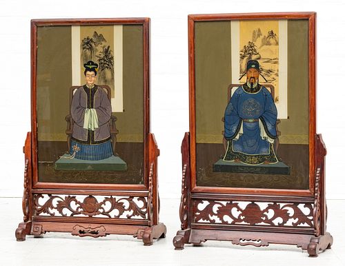 Chinese Ancestral Portraits, Teakwood Stands C. 1900, H 20'' W 18'' Depth 9'' 1 Pair