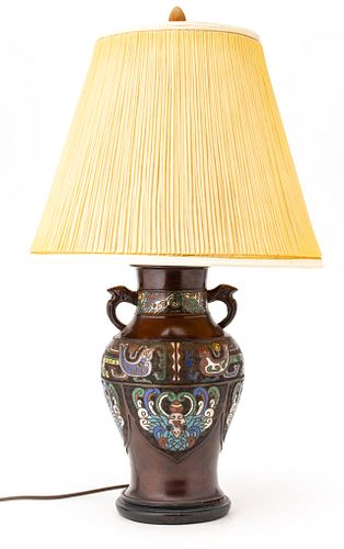 Chinese Bronze And Champleve Enamel Lamp, C. 1930, H 26'' Dia. 15''