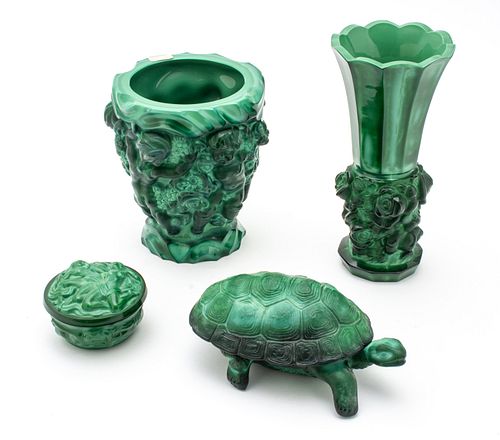 Bohemian Malachite Glass Vases & Covered Boxes, C. 1930, H 9.5'' Dia. 4.5'' 4 pcs