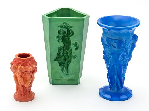 Bohemian Malachite Glass Vases, Feat. F. Haiama, C. 1930, H 8.25'' W 5.25'' Depth 4.75'' 3 pcs