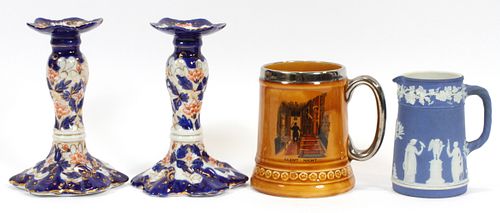Lord Nelson Pottery Beer Mug, Wedgwood Jasperware Pitcher And Candlesticks. 4 Pcs, H 4" - 6 "