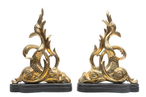 Dolphin Form Brass Fireplace Chenets H 22'' W 3.5'' L 16.5'' 1 Pair