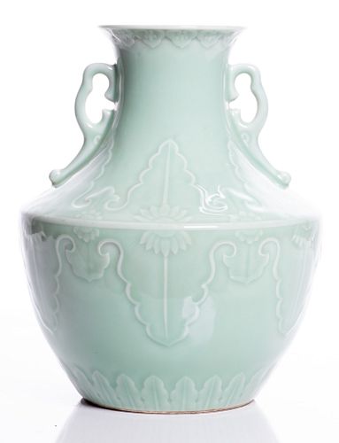 Chinese Celadon Mold Vase, H 12'' Dia. 10''