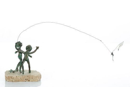 Malcolm Moran, Bronze Sculpture Children Flying Kite, Stone Slab H 4.5''