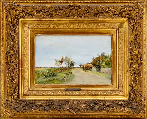 Ivan Pavlovich Pokhitonov (Ukrainian, 1850-1923) Oil On Oak Panel, C. 1888, Sur Un Chemin De Campagne, H 6.75'' W 10.25''
