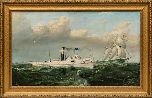 Seth Arca Whipple (American, 1855-1901) Oil On Canvas  1881, The Towboat Martin Swain, H 20'' W 34''