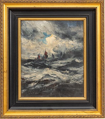 Robert B. Hopkin (American, 1832-1909) Oil On Beveled Wood Panel, The Storm, H 10'' W 8''
