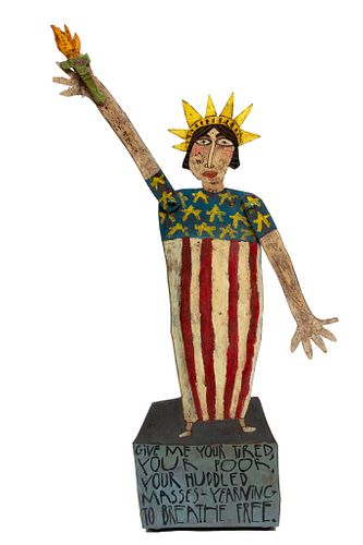 Jim Lambert (New Hampshire, 20/21st C) Outsider/Folk Art Painted Wood & Wire Sculpture,  2002, Statue Of Liberty, H 58'' W 24'' Depth 6''
