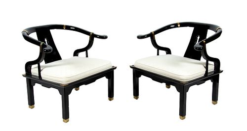 James Mont For Century Chair Co.  Black Lacquer Oxbow Armchairs, H 30'' W 31'' 1 Pair
