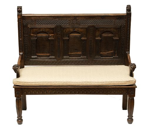 Carved Wood Bench, Lion Head Accents C. 1800, H 53'' L 58'' Depth 19''