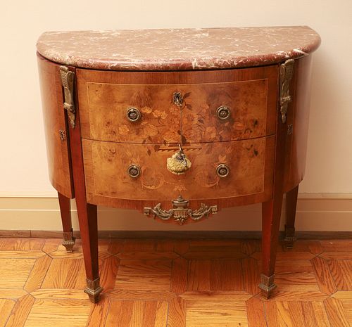 Louis XVI Style Marquetry Inlaid, Marble Top Demi Lune Commode, H 31'' W 35'' L 17.5''