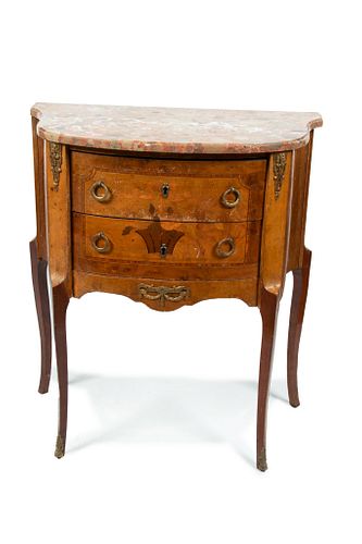 French Style Fruitwood Marble Top Commode C. 1890, H 29'' W 26'' L 14''