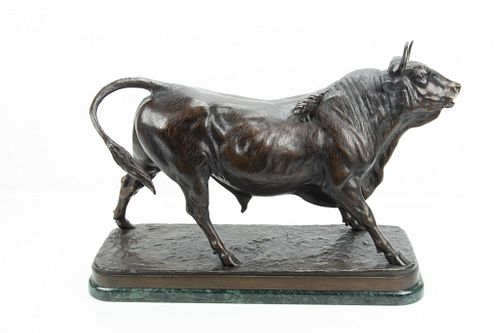 After Isidore Jules Bonheur (French, 1827-01) Bronze, H 15", W 21", Bull With Banderillas