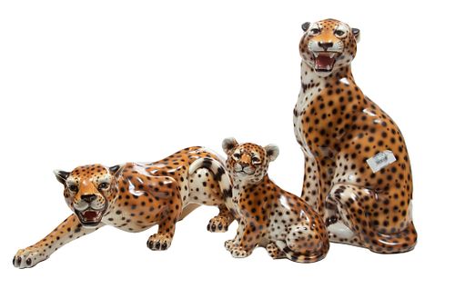 Italian Painted Ceramic Jaguars, H 22'' W 15'' Depth 7'' 3 pcs