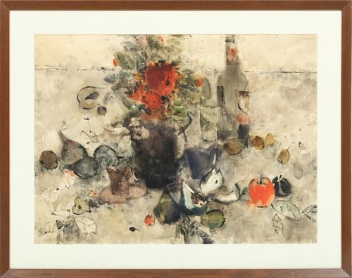 Richard Jerzy (Detroit, 1943-2001) Watercolor On Paper, 1963, Still Life With Wine & Fruit, H 21.5'' W 29''