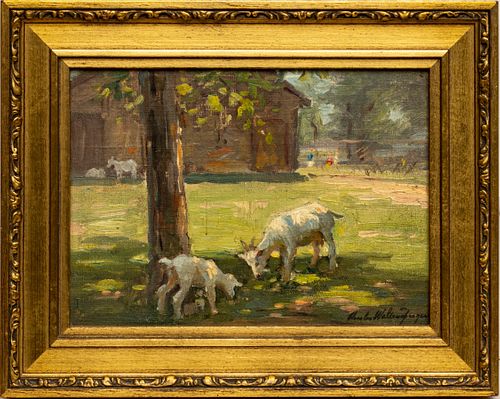 Charles E. Waltensperger (American, 1871-1931) Oil On Board, Goats In Landsape, H 6'' W 8''