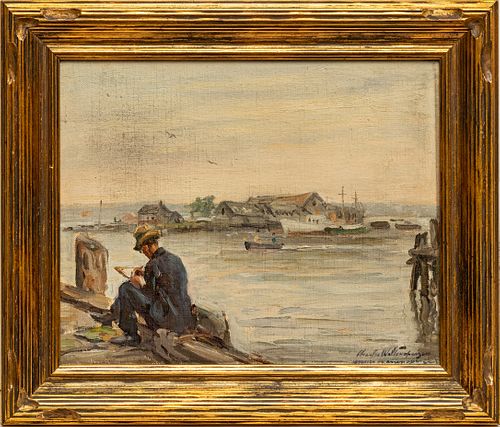 Charles E. Waltensperger (American, 1871-1931) Dock Scene, Self Portrait, H 8'' W 10''