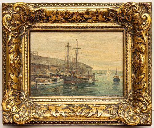 Charles E. Waltensperger (American, 1871-1931) Oil On Masonite Dock Scene, H 5.5'' W 7.7''