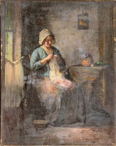 Charles E. Waltensperger (American, 1871-1931) Interior Scene With Lady Sewing, H 20'' W 16''
