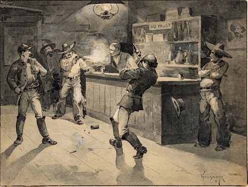 Charles E. Waltensperger (American, 1871-1931) Watercolor C. 1889, Bar Room Fight, H 6'' W 8''