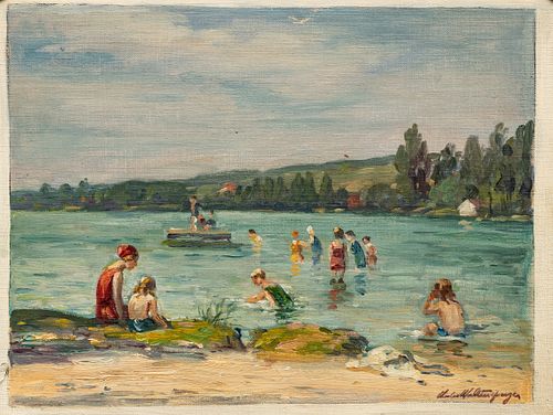 Charles E. Waltensperger (American, 1871-1931) Oil On Canvas, Swimmers, H 9'' W 12''