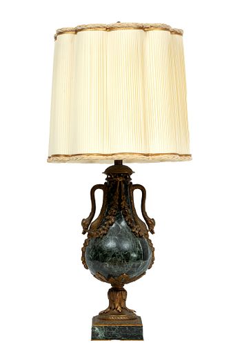 French Neoclassical Marble, Dore Bronze Lamp, C. 1920, H 37'' W 7.5'' L 9''