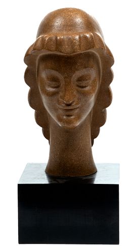 Numa Patlagean (Italian, 1888-1961) Art Deco Burgundian Stone Bust C. 1929, Sourire Intimee, H 16'' W 7''