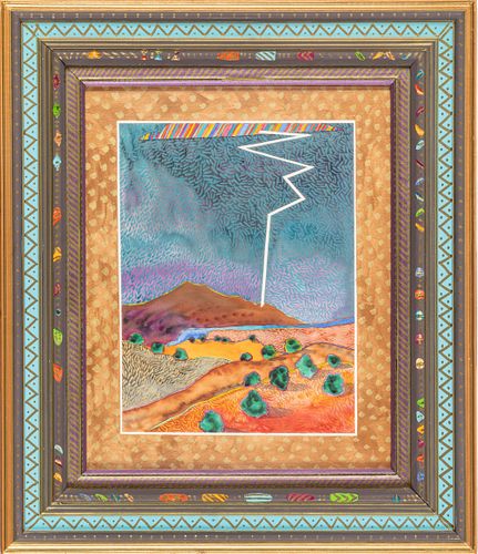 Fran Larsen (AMERICAN B. 1937) Watercolor In Hand Carved And Painted Polychrome Frame C. 1991, Pecos Sun And Thunder, H 19.5'' W 15.5''