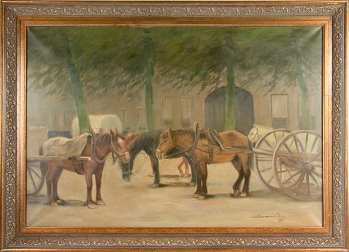 Leonard Bes, Oil On Canvas, 1880, H 25.5", W 37.5", Horses