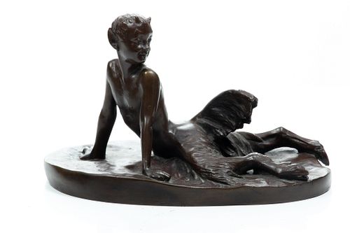 Attributed to N.P. For Martin & Leflinin (Berlin) Bronze Sculpture, Outstretched Faun, H 7.5'' L 11.5''