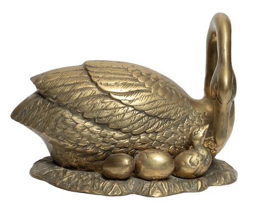Brass Swan On Nest H 11'' W 9'' L 14''