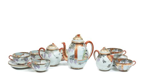 Japanese Hand Painted Porcelain Tea Set C. 1900, Wisteria Pattern, 15 Pcs