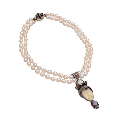 925 Silver, Pearl Choker, With Garnets And Amethyst Art Nouveau Design L 15''