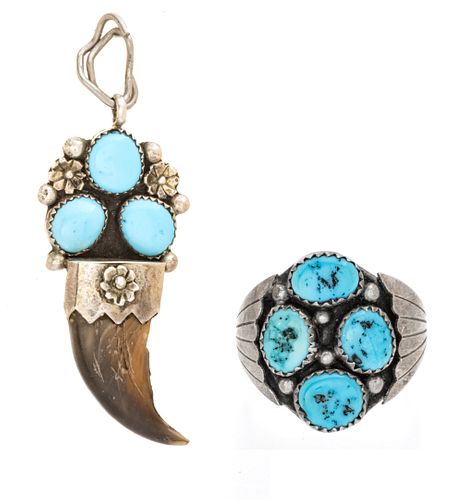 Navajo Sterling Silver And Turquoise Pendant And Ring,