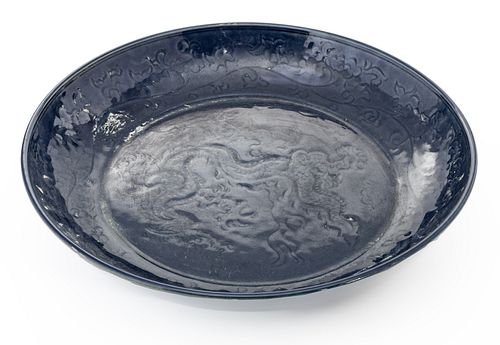 Chinese Blue Glazed Porcelain Charger, H 2.5'' Dia. 14.5''