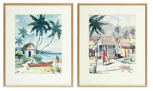 J. Sibeil, Watercolors On Paper Haiti Scenes C. 1956, H 15'' W 12'' 2 pcs