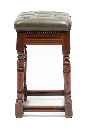 English Carved Walnut And Tufted Leather Stool 19th C., H 22.5'' W 13'' L 13''