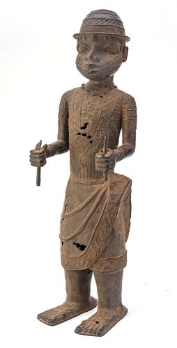 Important African Benin Bronze Figure 1710-90 H 28" W 8" D 7" Dignitary